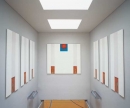 Franziska Schemel,  Kunst am Bau, 2003, Sporthalle Eichendorffschule Karlsruhe, 160 x 760 cm, 7-teilig, Acryl, Steinmehl, Fotografie auf Holz, 
